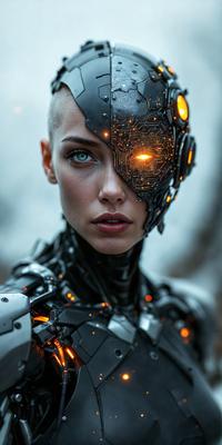 The primary subject of the image is a woman with a futuristic, cyberpunk-inspired appearance. She has a shaved head and is wearing a metallic, high-tech outfit. The setting is a dark, futuristic environment, with a backdrop of trees. The visual style is a combination of photo and digital art, creating a striking and unique image. The colors and mood are predominantly dark and moody, with a hint of technological and futuristic elements.